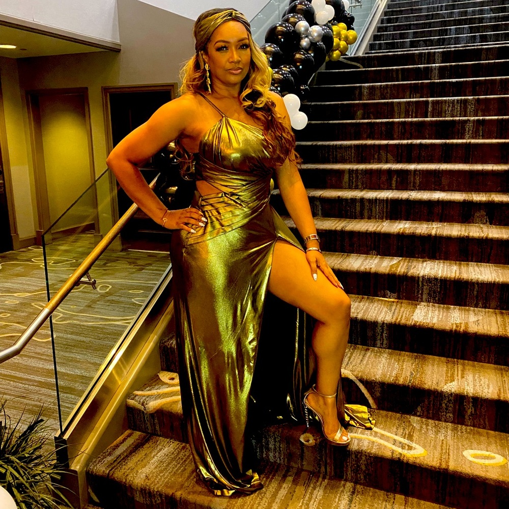 Gold asymmetrical Goddess Grown with headpiece